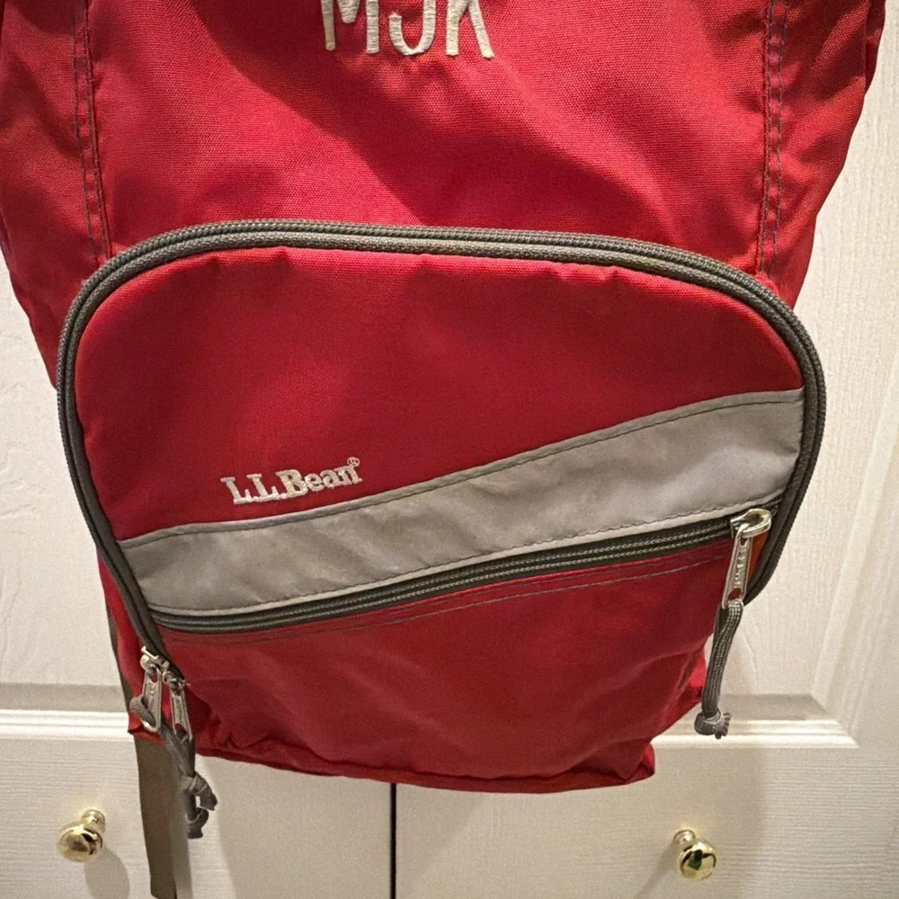 LL Bean Reflective Red Backpack Book Bag Personalized MJK Strap Zip Vintage 90s